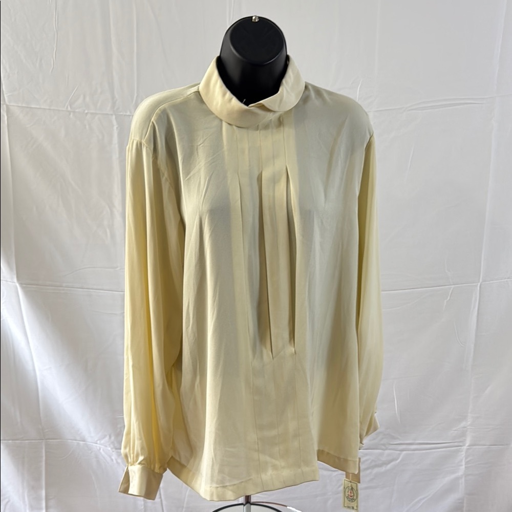 Cream Dress Shirt with High Neckline and Pleated Front
